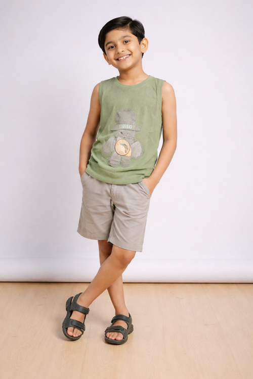 Boys Sage Green Summer Set – Soft Waffle Fabric (T-Shirt & Shorts)