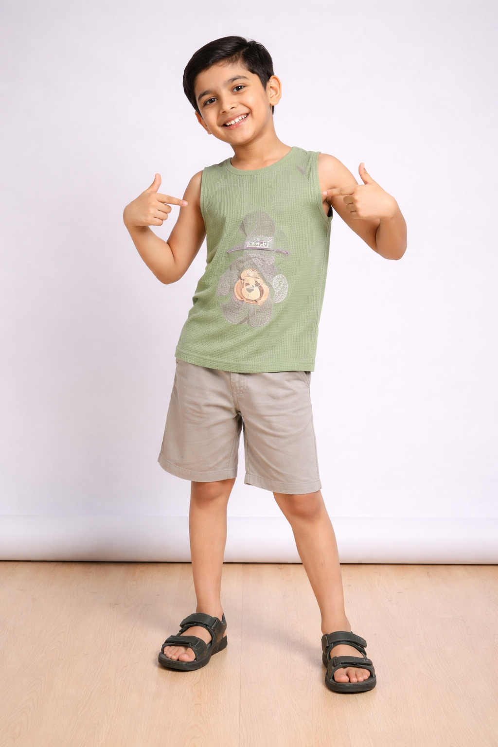 Boys Sage Green Summer Set – Soft Waffle Fabric (T-Shirt & Shorts)