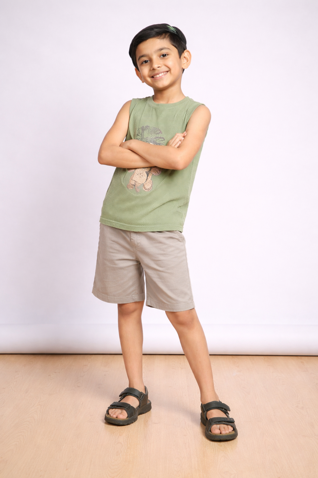 Boys Sage Green Summer Set – Soft Waffle Fabric (T-Shirt & Shorts)