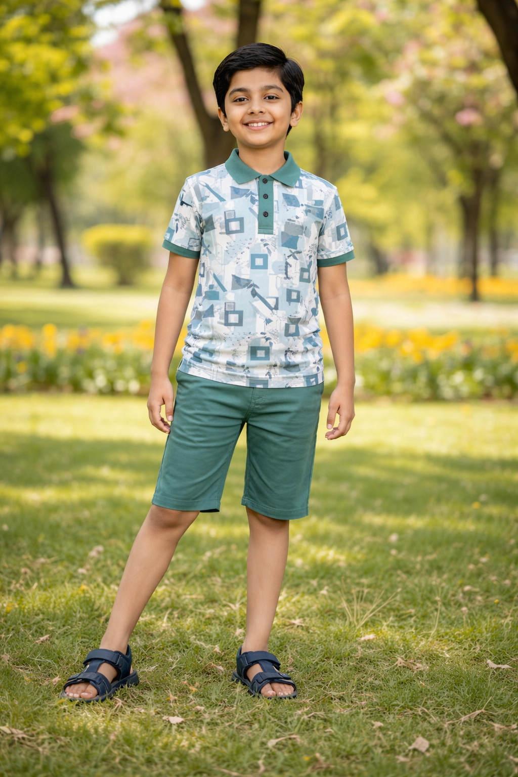 Boys Printed Polo Collar T-Shirt & Shorts Set – Green | Looper Fabric Kids Co-ord