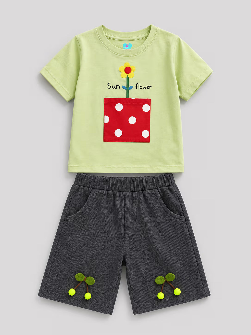 Girls Peach Sunflower Applique T-Shirt & Navy Blue Shorts Co-Ord Set