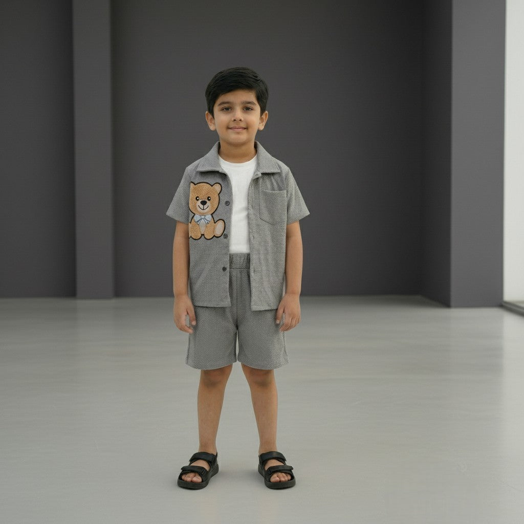 Boys Grey Set – Teddy Print Shirt with Shorts