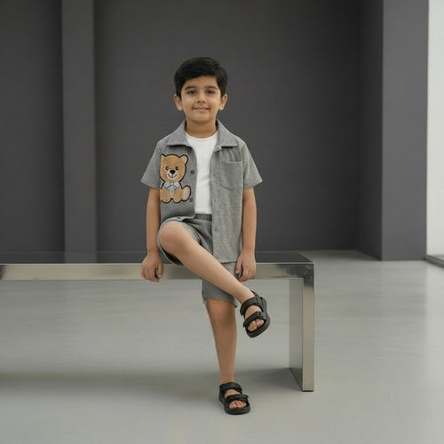 Boys Grey Set – Teddy Print Shirt with Shorts