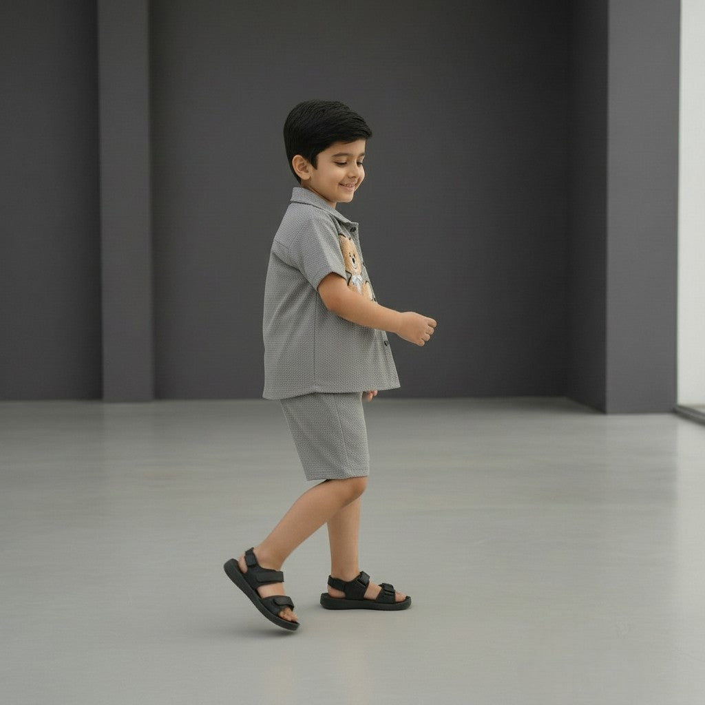 Boys Grey Set – Teddy Print Shirt with Shorts