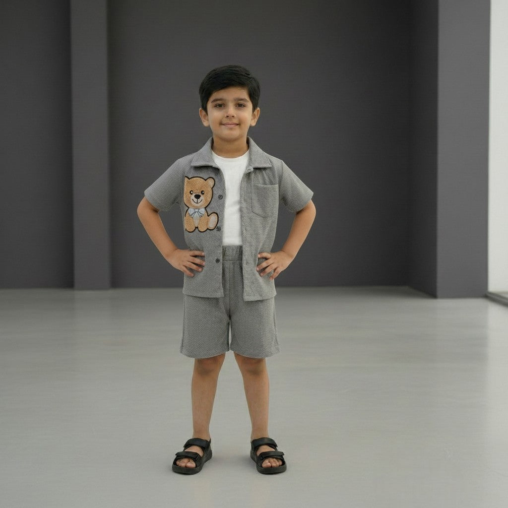 Boys Grey Set – Teddy Print Shirt with Shorts