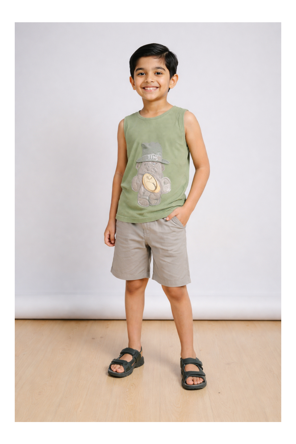Boys Sage Green Summer Set – Soft Waffle Fabric (T-Shirt & Shorts)