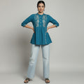 Women’s Teal Blue Cotton Embroidered Short Top