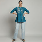 Women’s Teal Blue Cotton Embroidered Short Top