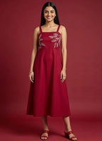 Maroon Cotton Midi Dress with White Leaf Embroidery – Square Neck, Spaghetti Straps