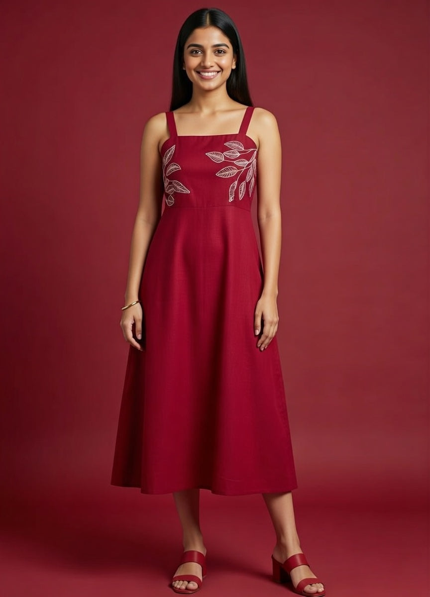 Maroon Cotton Midi Dress with White Leaf Embroidery – Square Neck, Spaghetti Straps