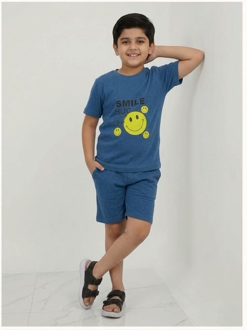 Boys Printed Cotton Set – “SMILE HUG” Graphic T-shirt & Shorts (Classic Blue)