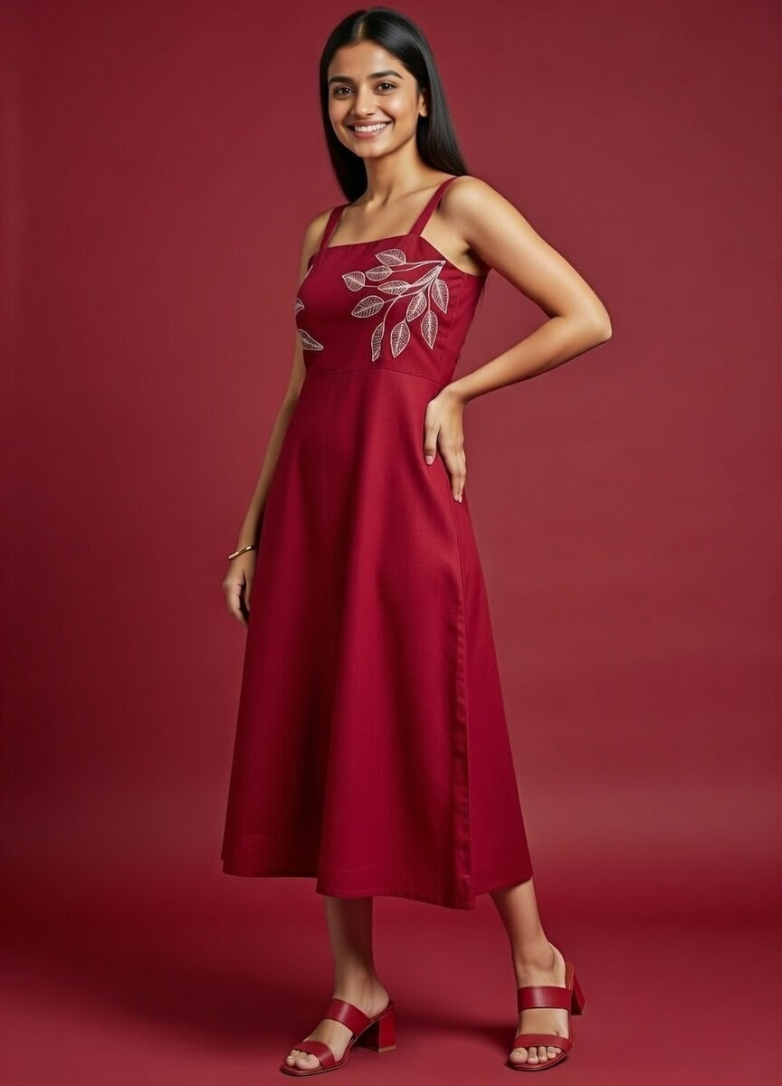 Maroon Cotton Midi Dress with White Leaf Embroidery – Square Neck, Spaghetti Straps