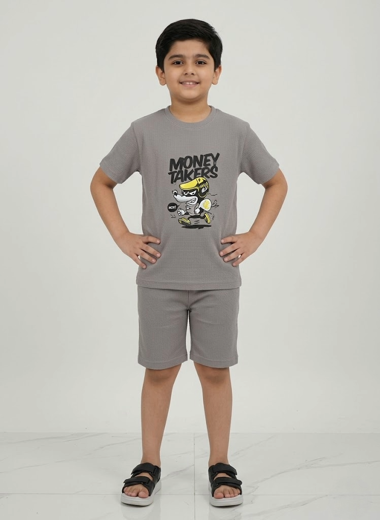 Boys Printed Cotton Set – “Money Takers” Graphic T-shirt & Shorts (Grey)