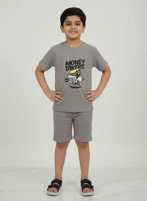Boys Printed Cotton Set – “Money Takers” Graphic T-shirt & Shorts (Grey)