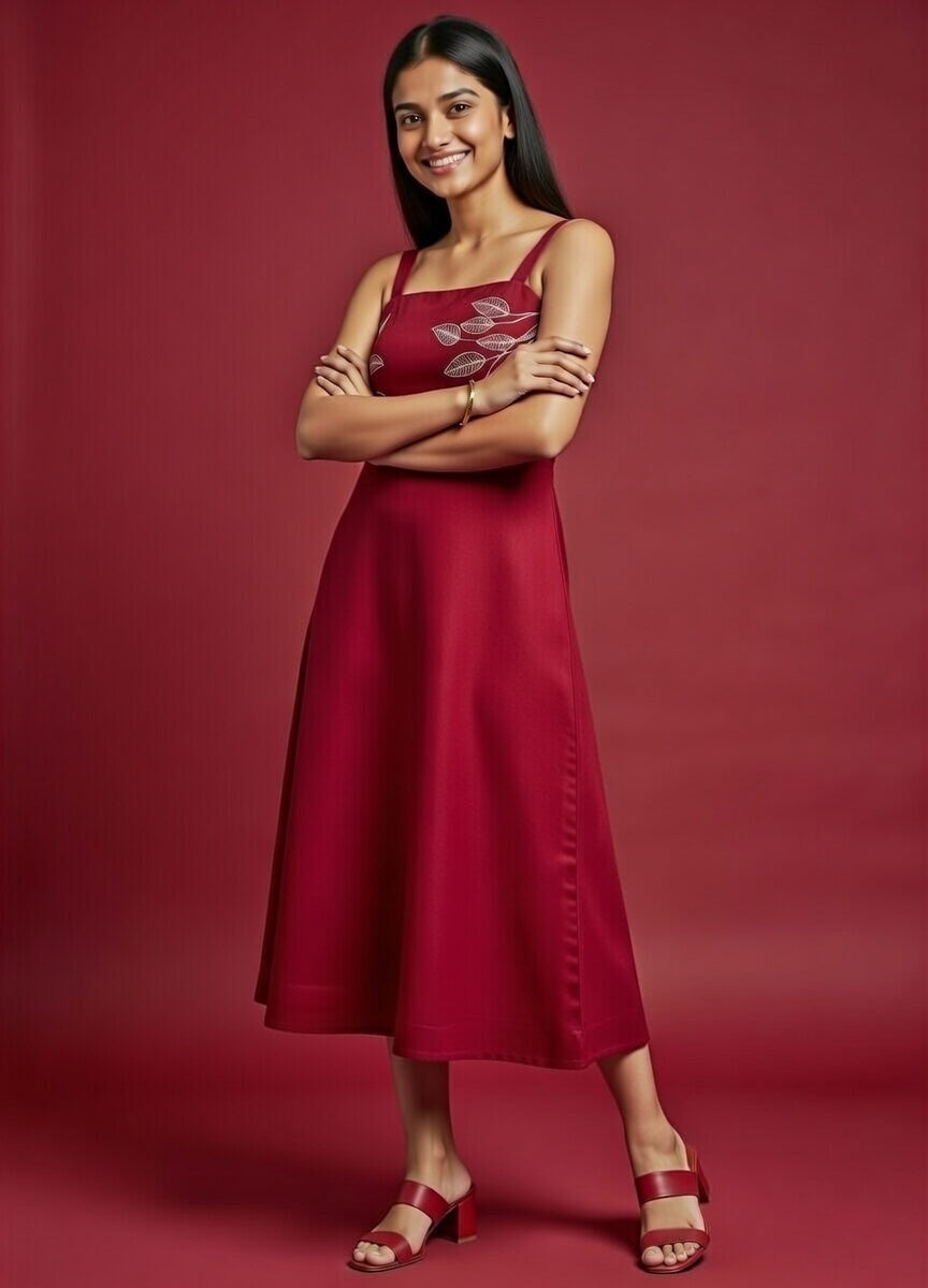Maroon Cotton Midi Dress with White Leaf Embroidery – Square Neck, Spaghetti Straps