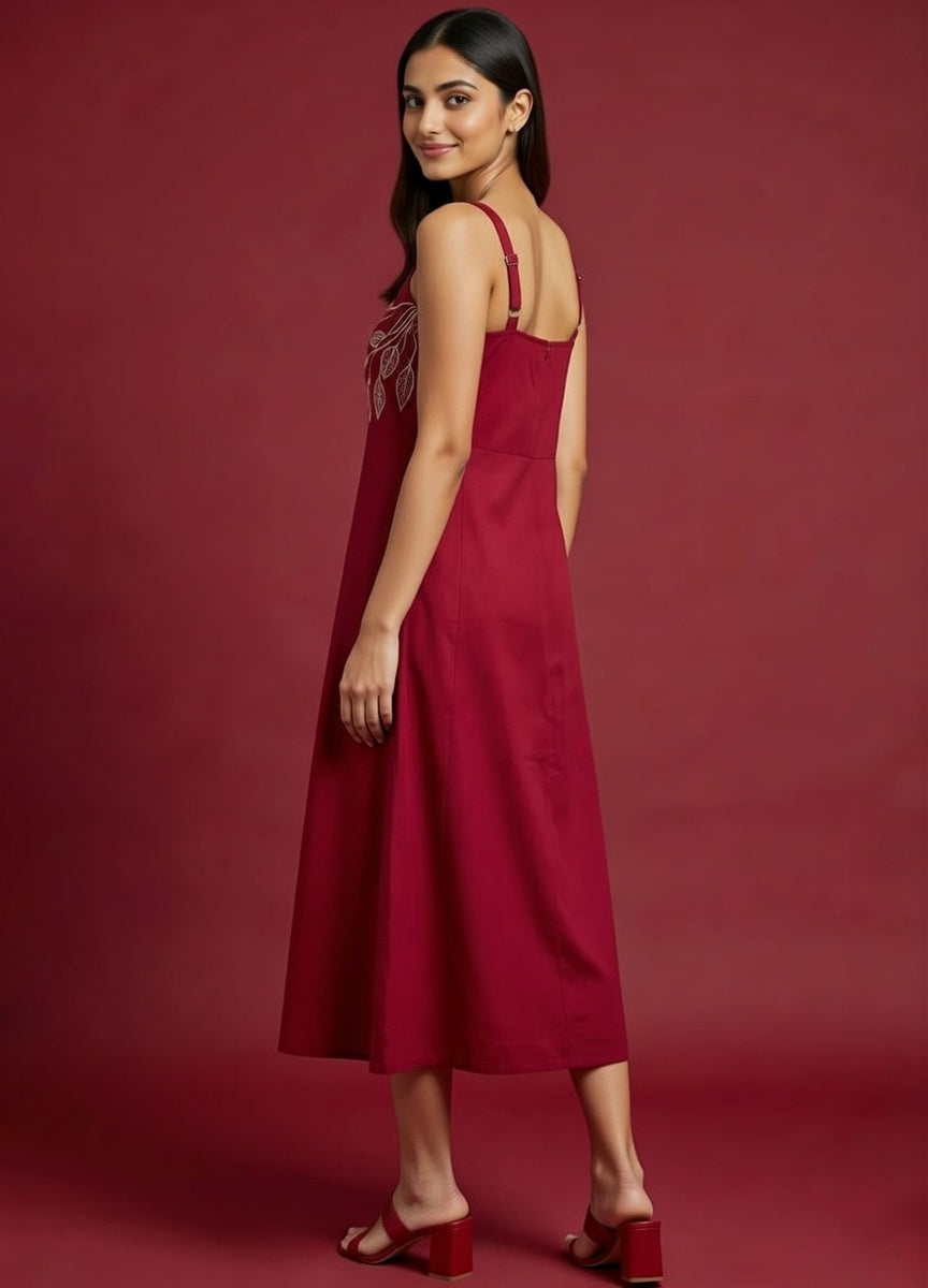 Maroon Cotton Midi Dress with White Leaf Embroidery – Square Neck, Spaghetti Straps