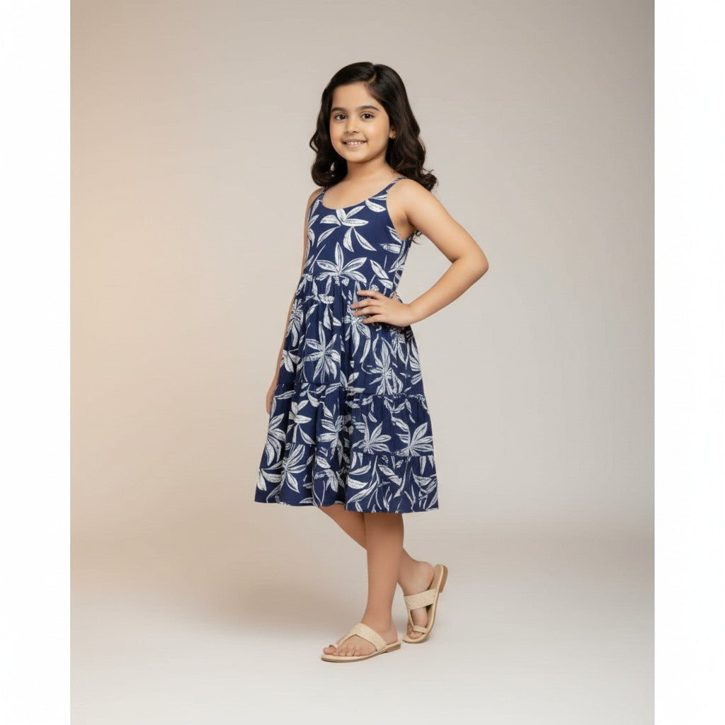 Girls Magic Cotton Frock – Navy Blue Floral Twirl Dress