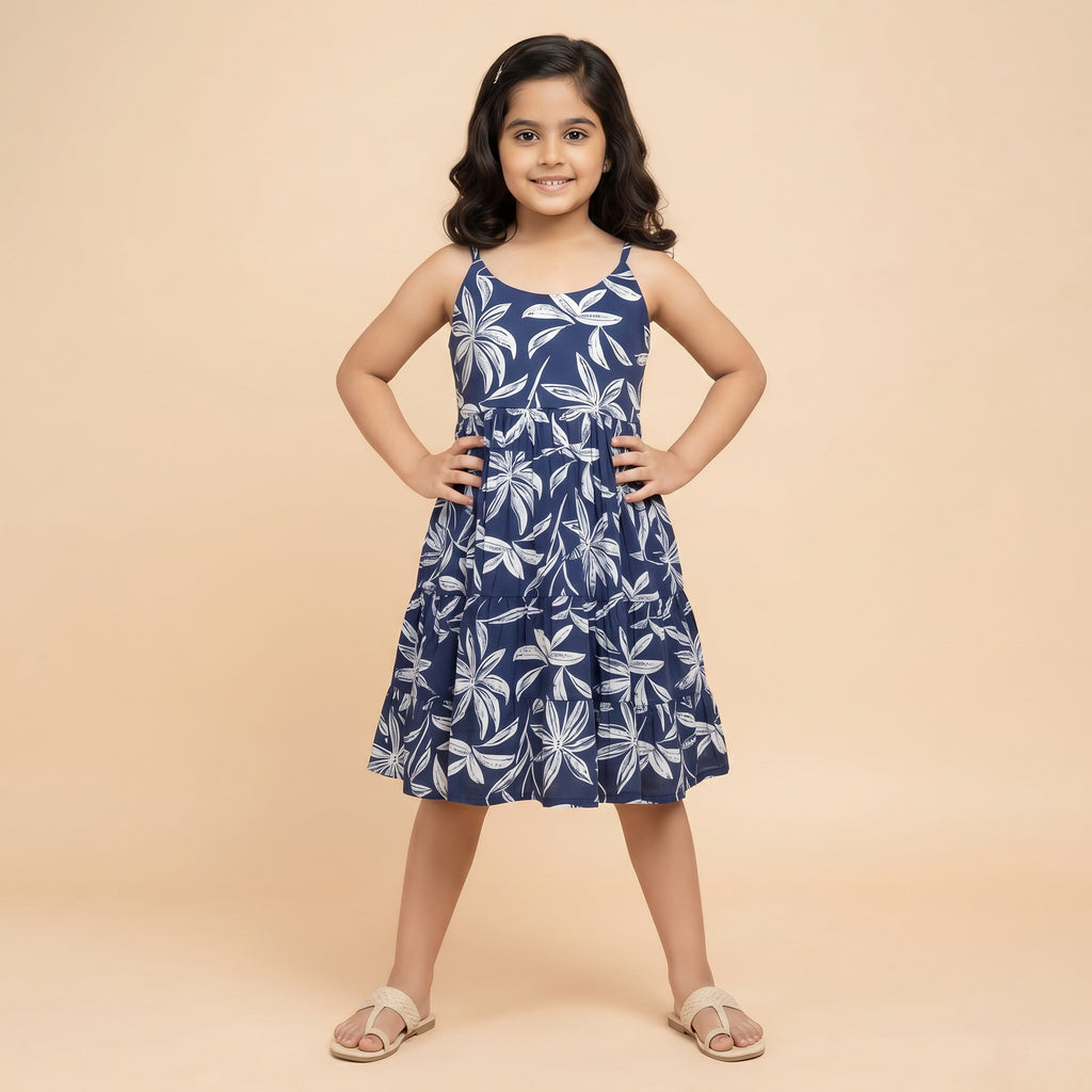 Girls Magic Cotton Frock – Navy Blue Floral Twirl Dress