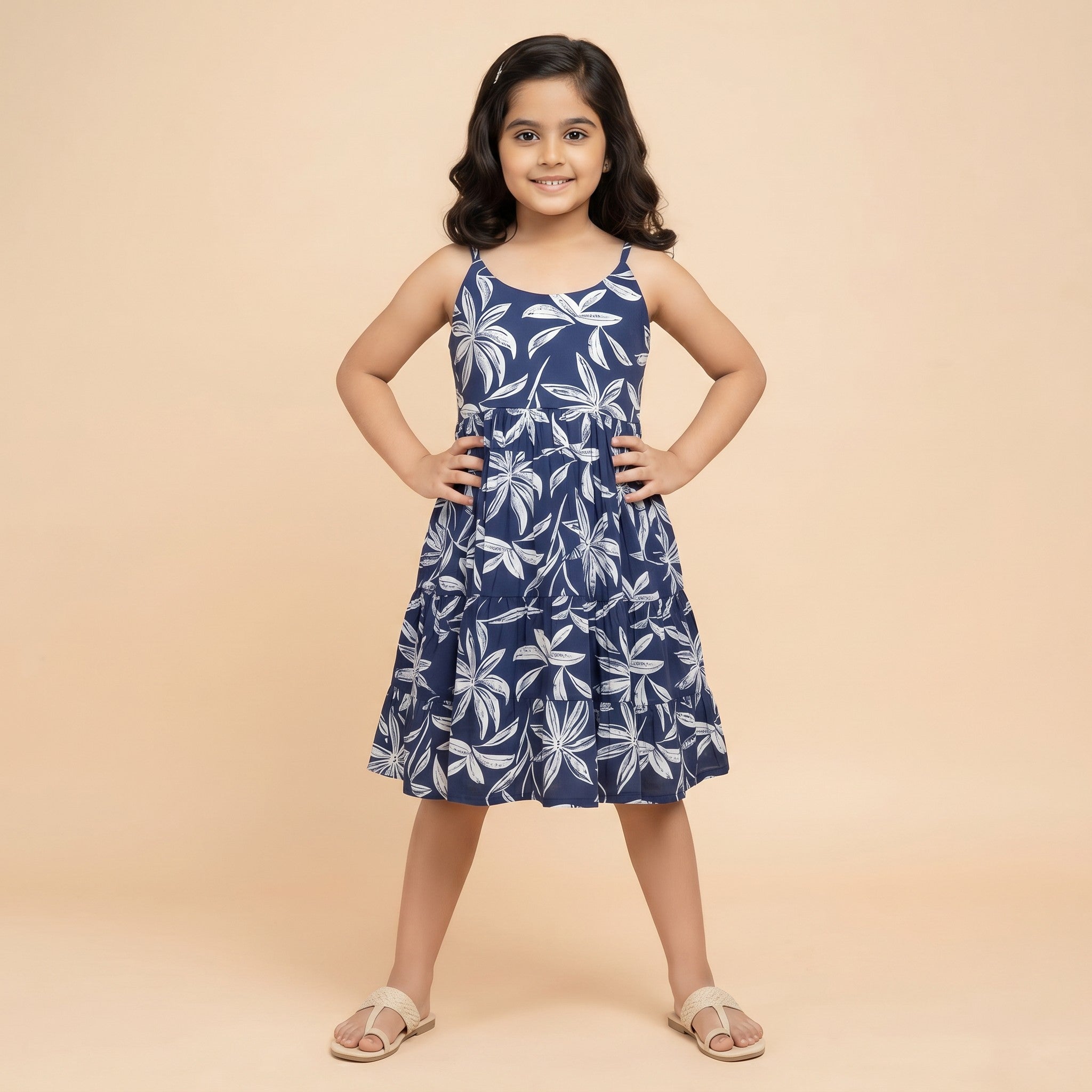 Girls Magic Cotton Frock – Navy Blue Floral Twirl Dress