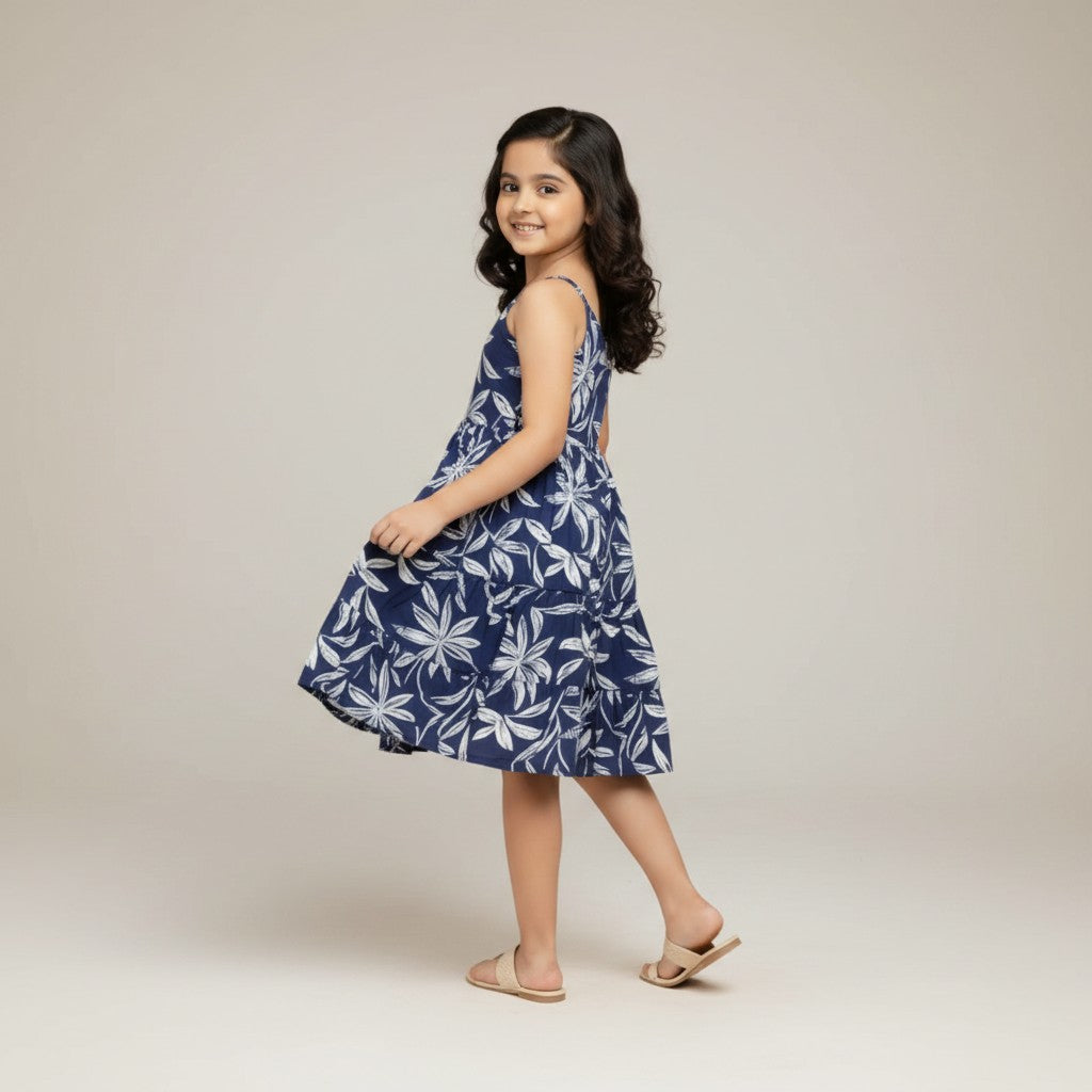 Girls Magic Cotton Frock – Navy Blue Floral Twirl Dress