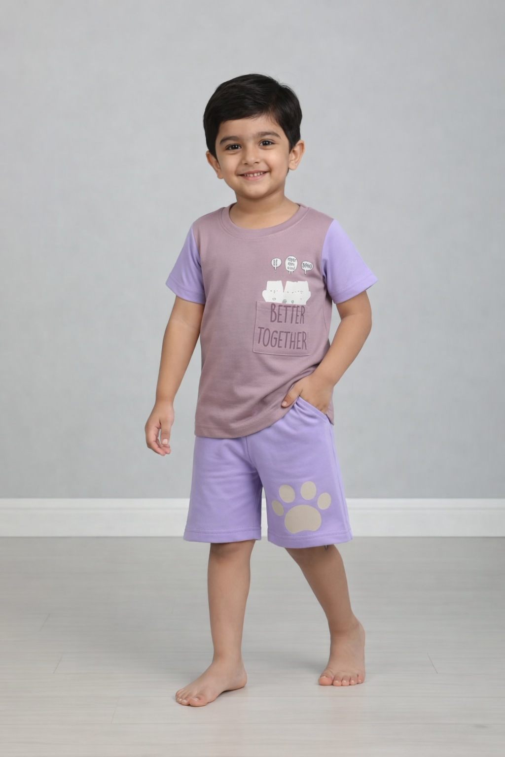 Kids Printed T-Shirt & Shorts Set with Pocket – Lavender & Mauve | Micro Looper Co-ord