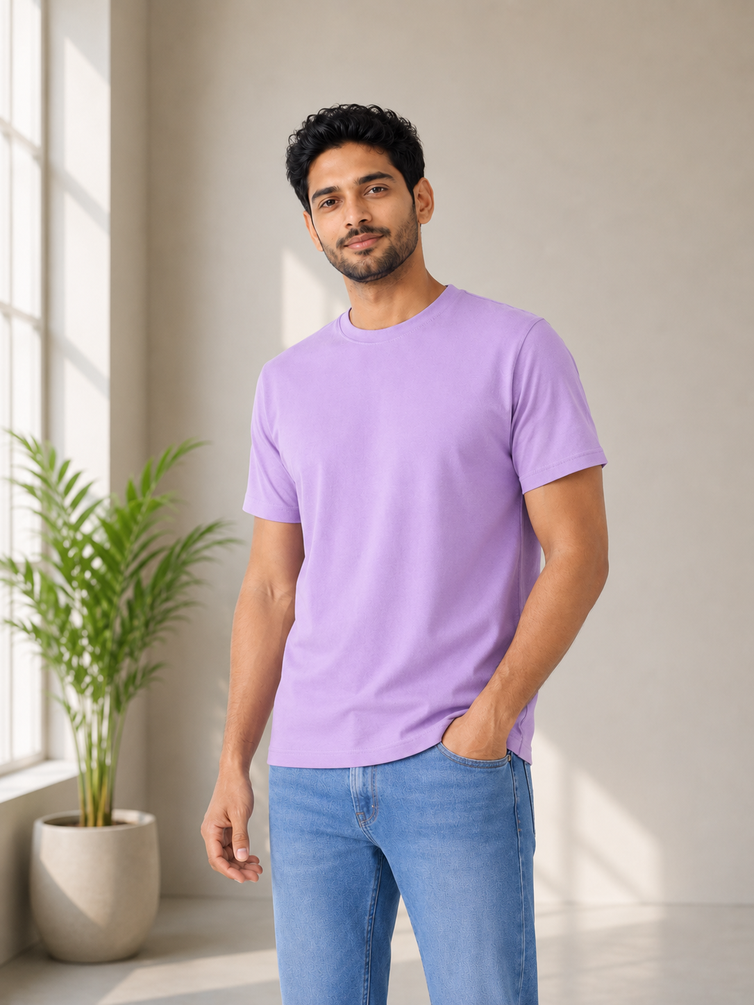 Man wearing a purple t-shirt and blue jeans standing in a bright room with a plant.