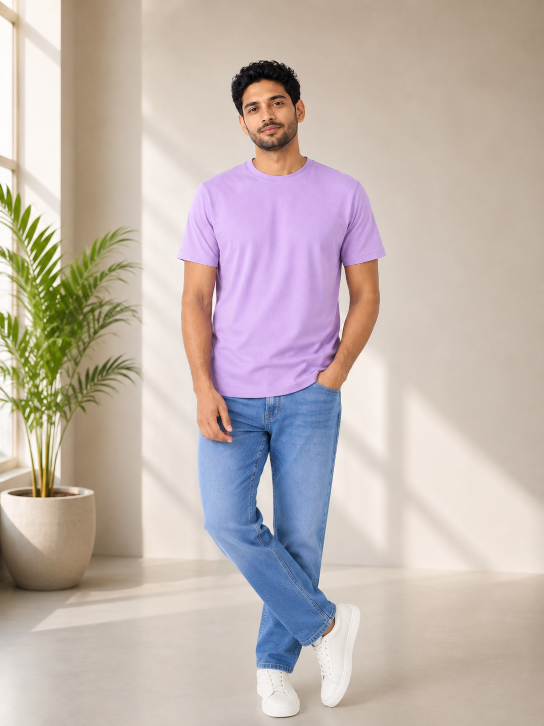 Man wearing a purple t-shirt and blue jeans standing in a bright room with a plant.