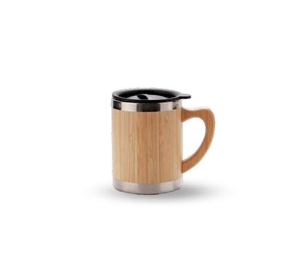 PIX-044 Bamboo Finish Thermos Mug – 350 ml | Pull-Up Lid | Double Wall Insulation