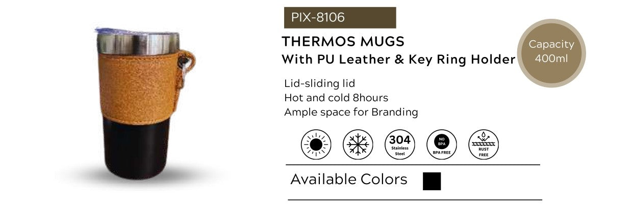 Premium Thermos Mug | 400 ml Double Wall Stainless Steel Mug with PU Leather Sleeve & Key Ring Holder