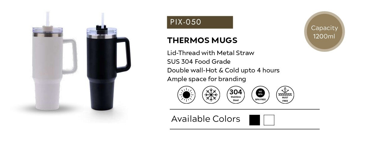 Large Capacity Thermos Mug – 1200 ml | Metal Straw | Double Wall Insulation