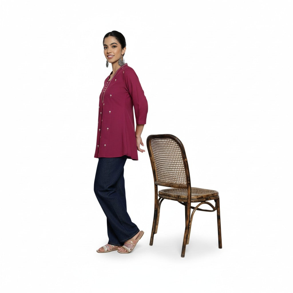Women’s Magenta Cotton Embroidered Short Top