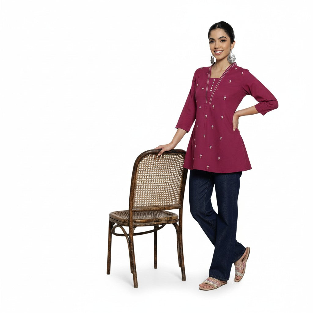 Women’s Magenta Cotton Embroidered Short Top