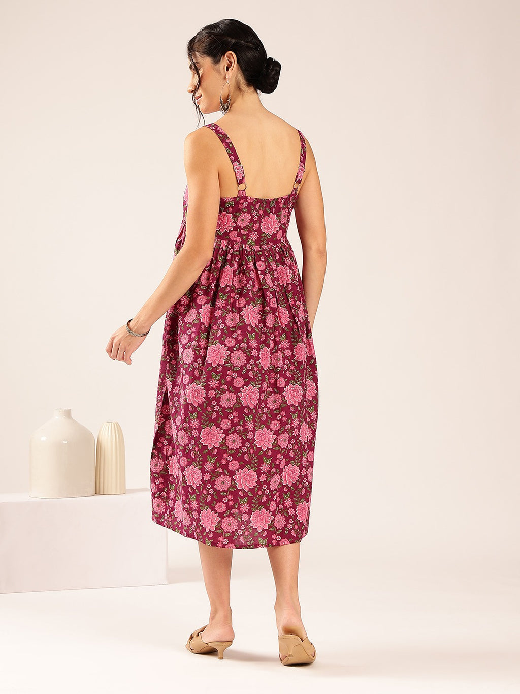 Rose Bloom Cotton Fit & Flare Midi Dress for Women - Maroon