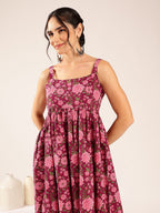 Rose Bloom Cotton Fit & Flare Midi Dress for Women - Maroon