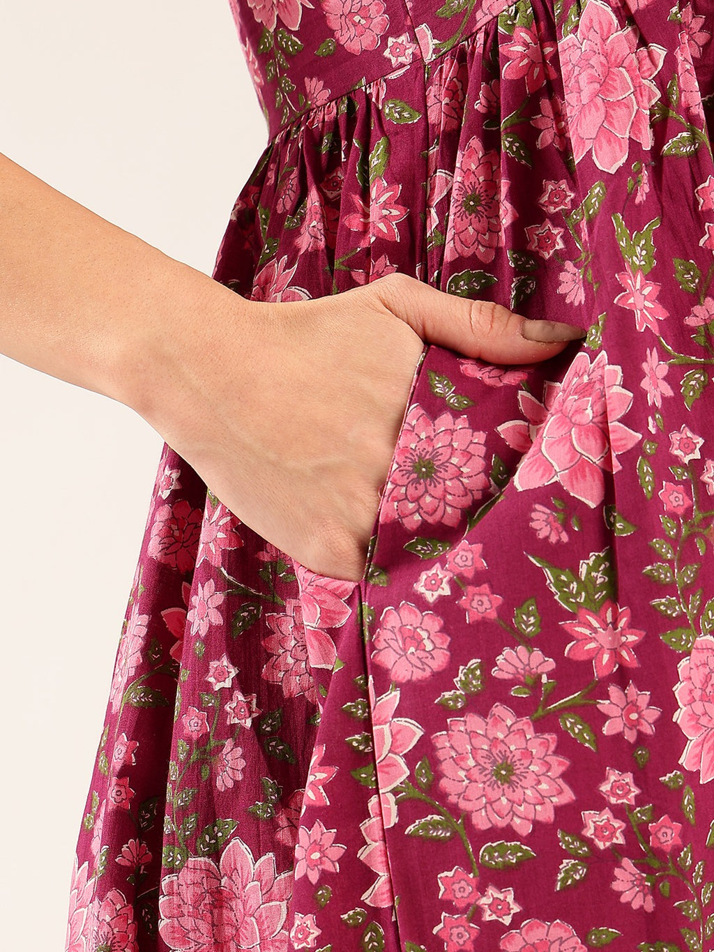 Rose Bloom Cotton Fit & Flare Midi Dress for Women - Maroon