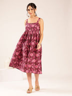 Rose Bloom Cotton Fit & Flare Midi Dress for Women - Maroon