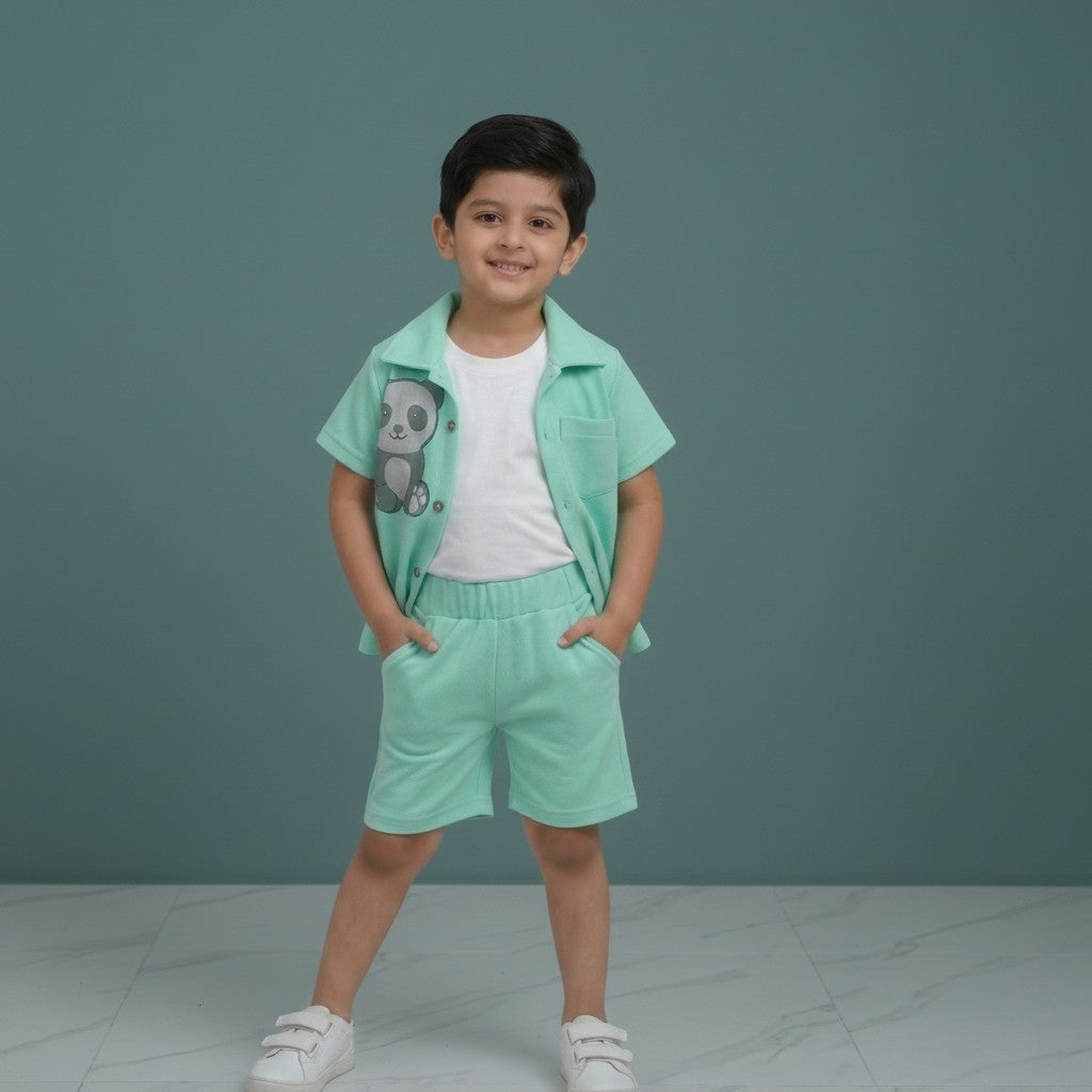 Boys Mint Green Set – Panda Print Shirt with Shorts