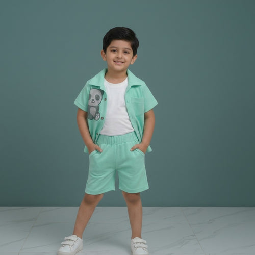 Boys Mint Green Set – Panda Print Shirt with Shorts