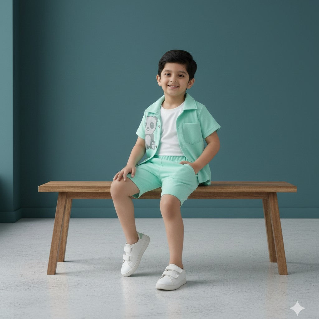 Boys Mint Green Set – Panda Print Shirt with Shorts