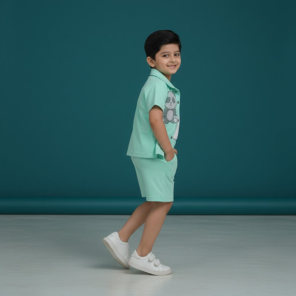 Boys Mint Green Set – Panda Print Shirt with Shorts