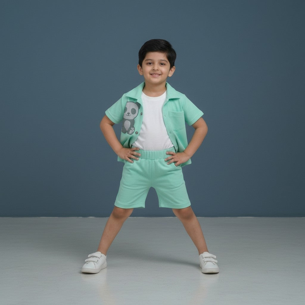 Boys Mint Green Set – Panda Print Shirt with Shorts