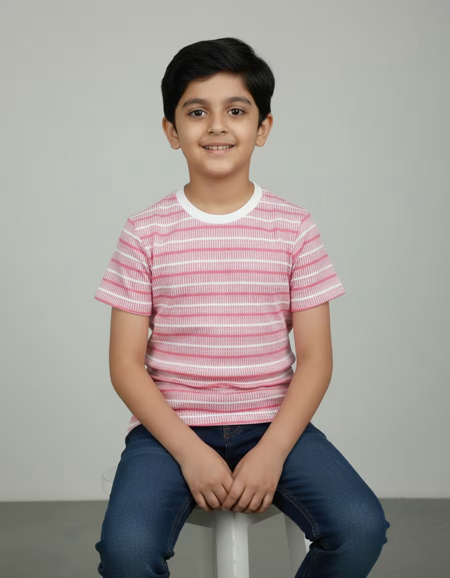 Kids Cathonic Fabric Striped T-Shirt – Soft Casual Round Neck Tee for Boys
