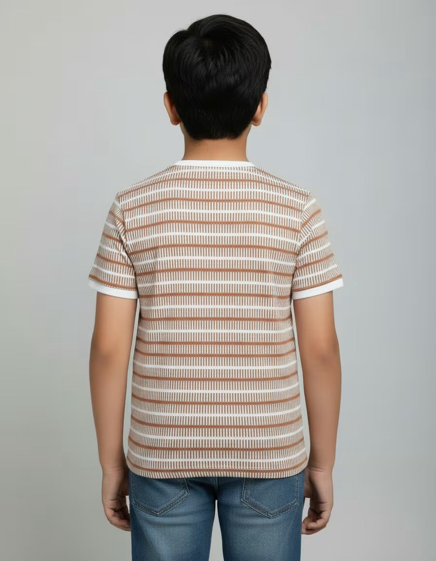 Kids Beige Striped Cathonic Fabric T-Shirt – Soft Casual Round Neck Tee for Boys