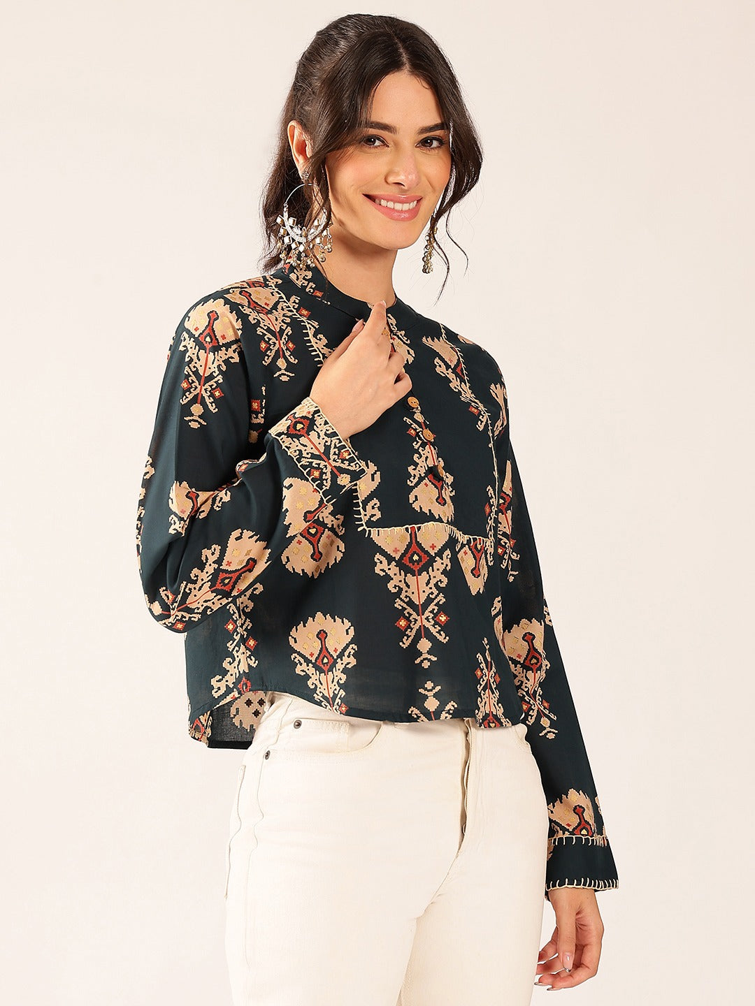 Premium Olive Green Cotton Printed Top for Women