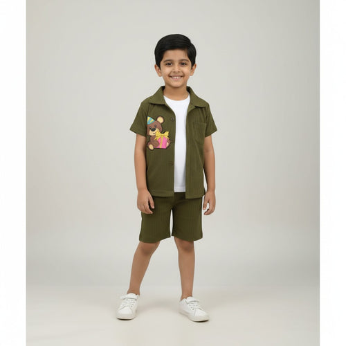 Boys Olive Green Set – Teddy Print Shirt with Shorts