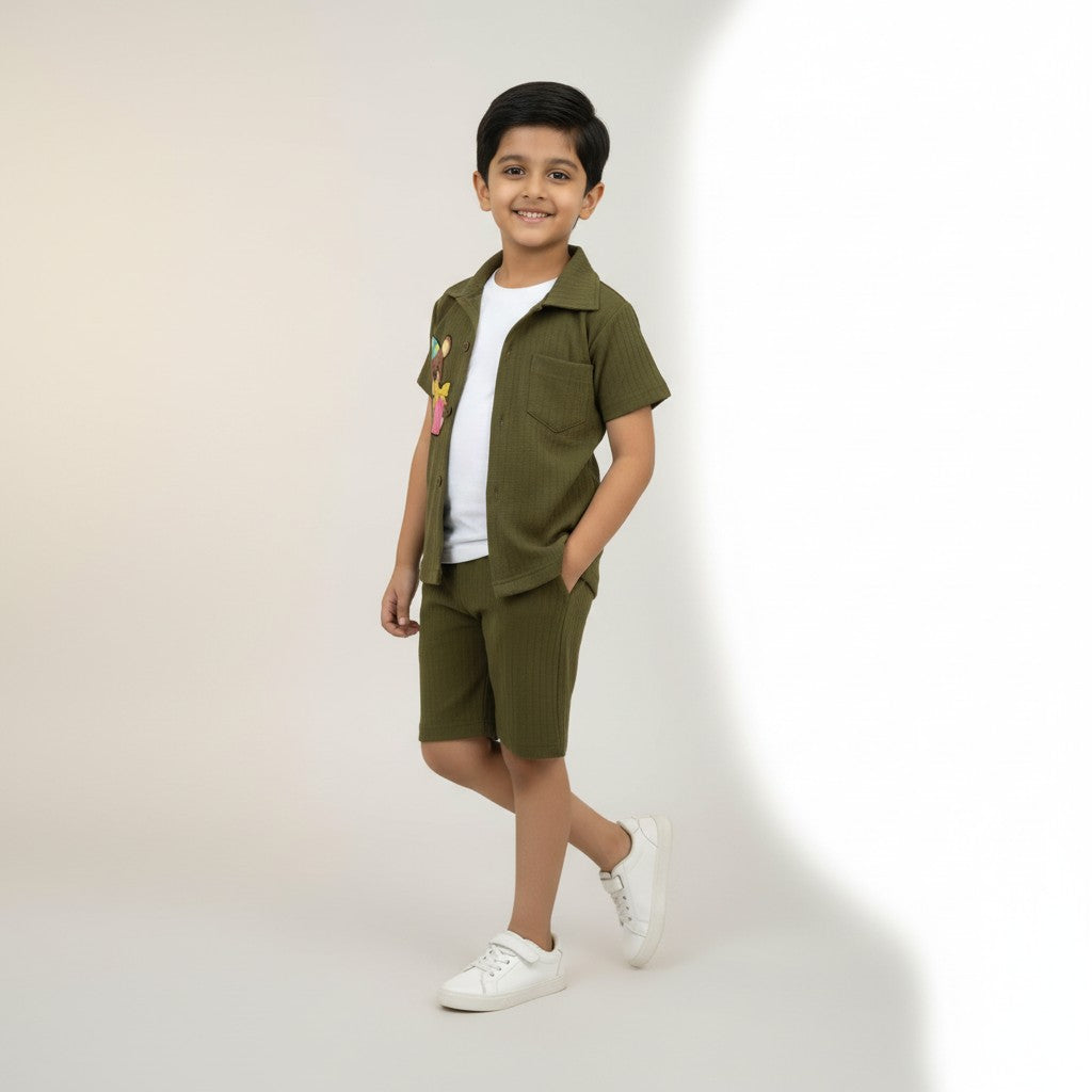 Boys Olive Green Set – Teddy Print Shirt with Shorts