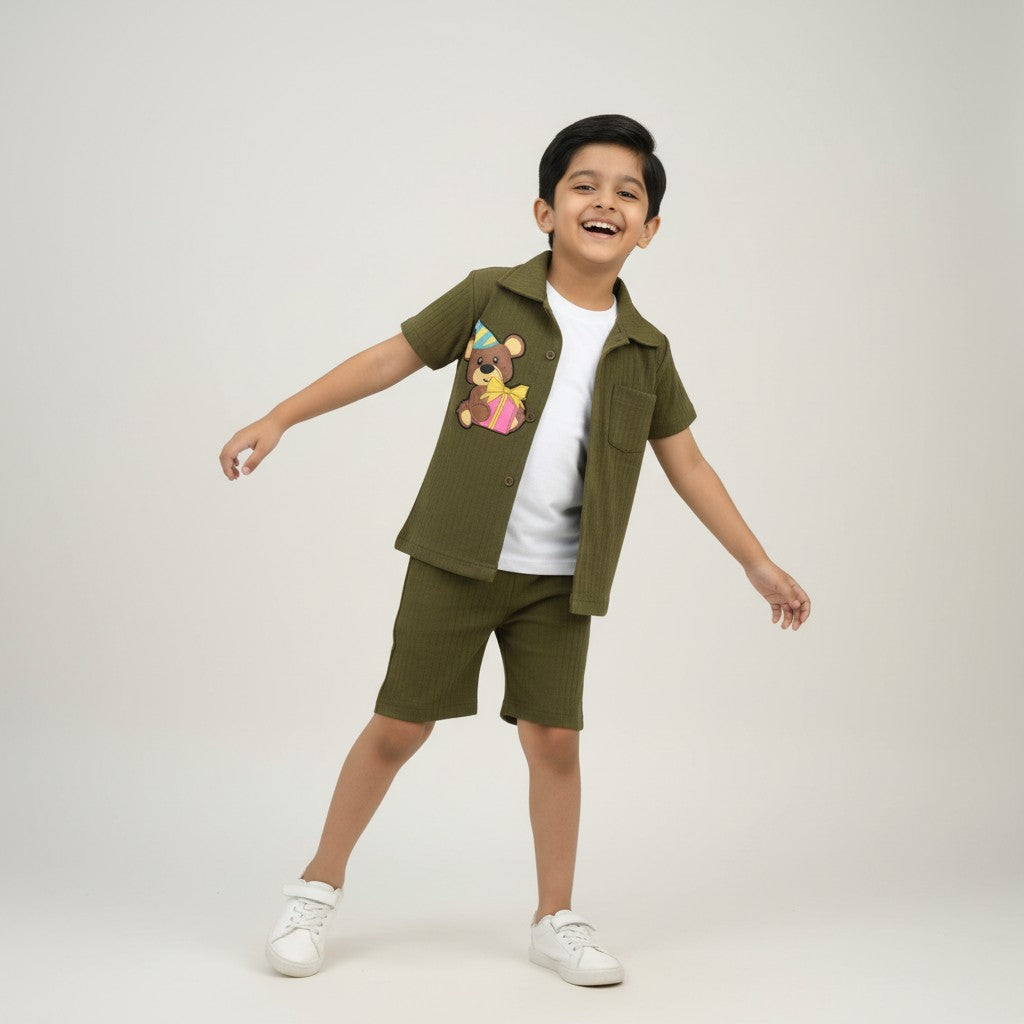 Boys Olive Green Set – Teddy Print Shirt with Shorts