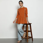 Women’s Burnt Orange Cotton Pleated & Embroidered Short Top