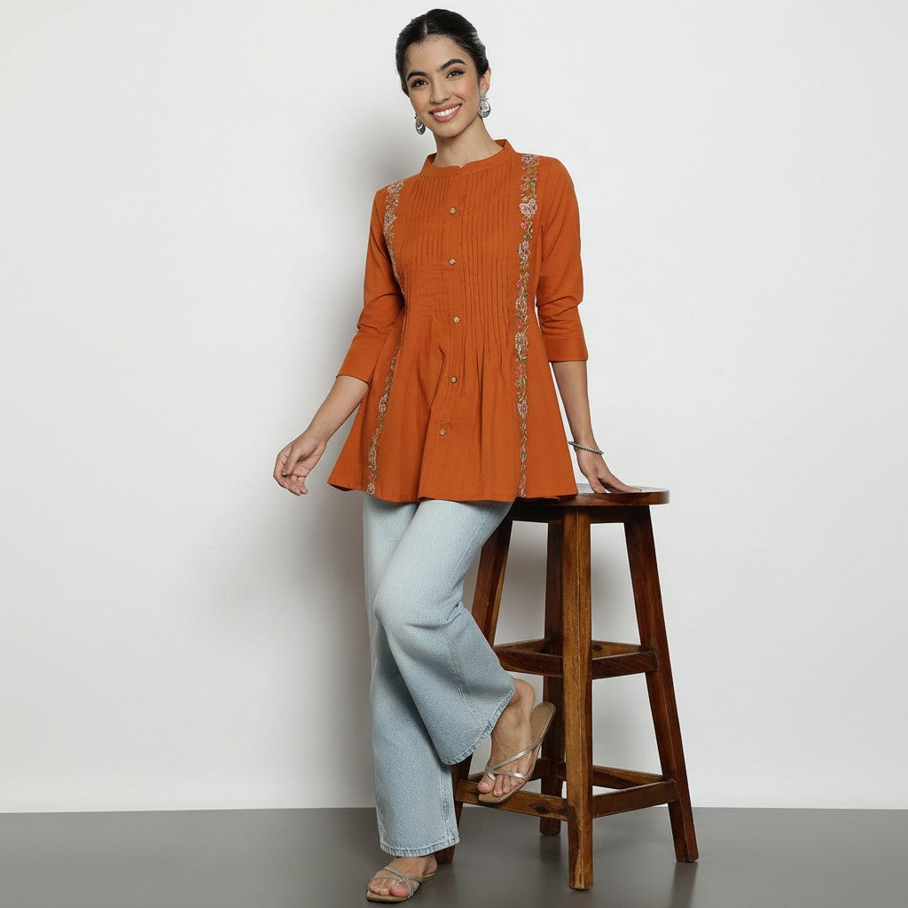 Women’s Burnt Orange Cotton Pleated & Embroidered Short Top