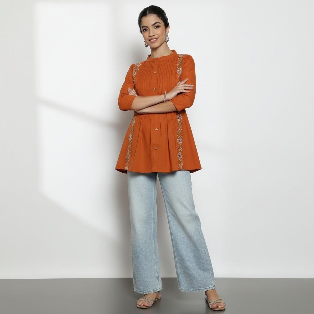 Women’s Burnt Orange Cotton Pleated & Embroidered Short Top
